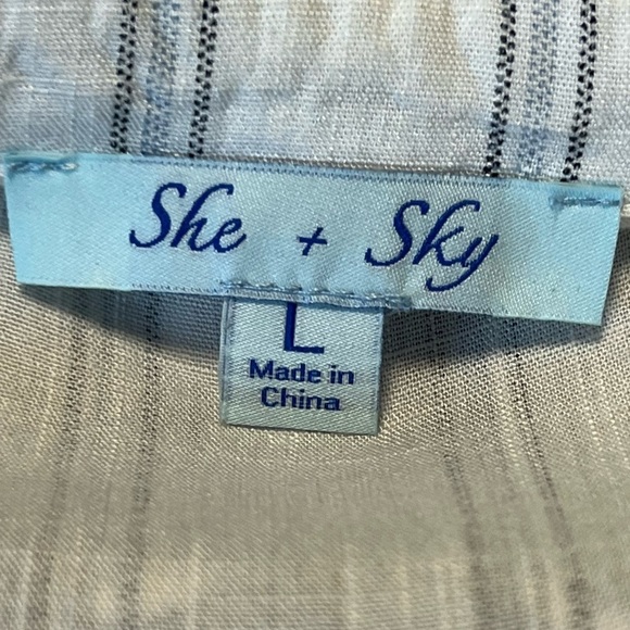 She & Sky White Blue Striped Faux Wrap V-neck Bow Tie 3/4 Sleeve Cuff Cotton Top - Picture 6 of 12